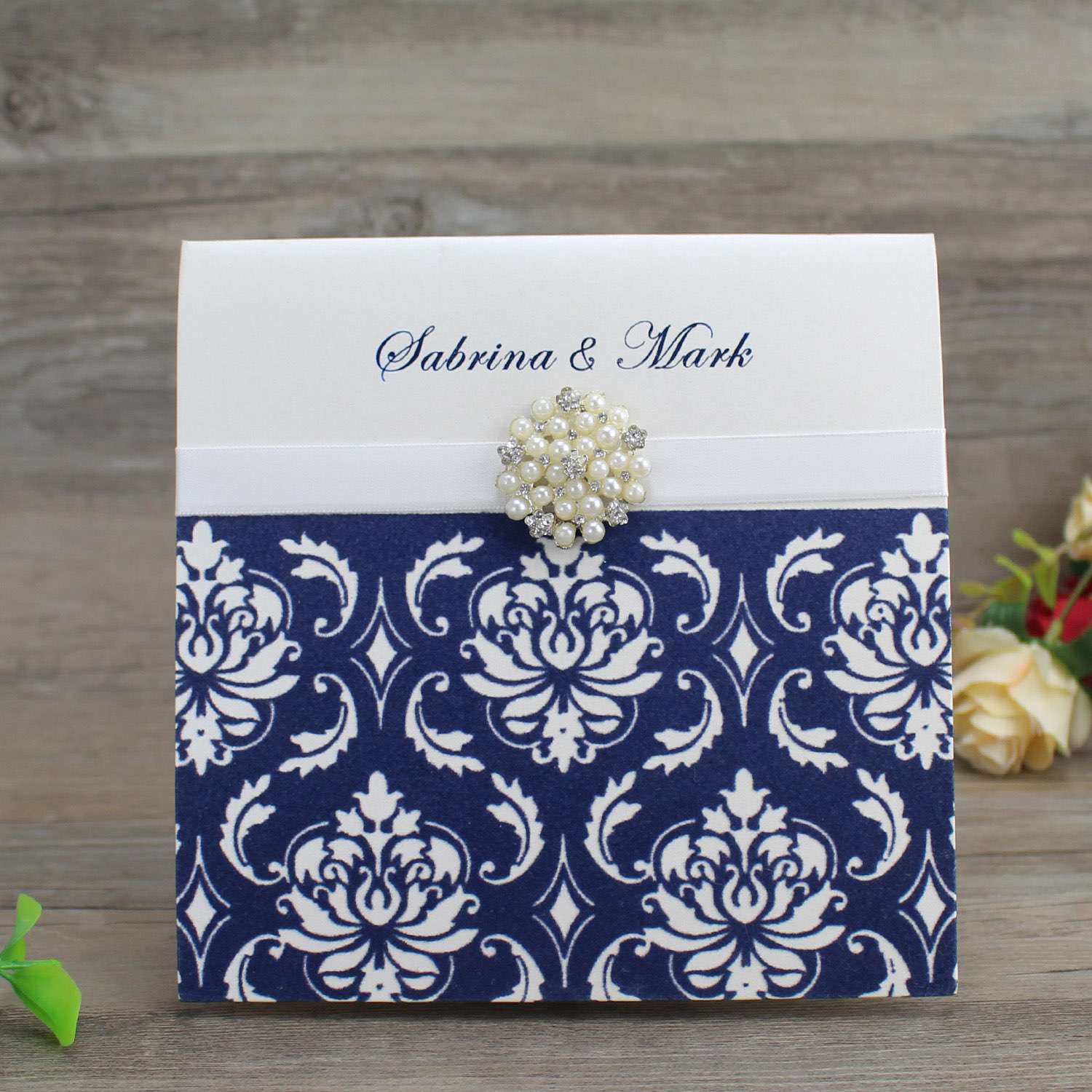 Half Fold Flocked Invitation Card Wedding Card with Buckle Decoration Foiling Customized 